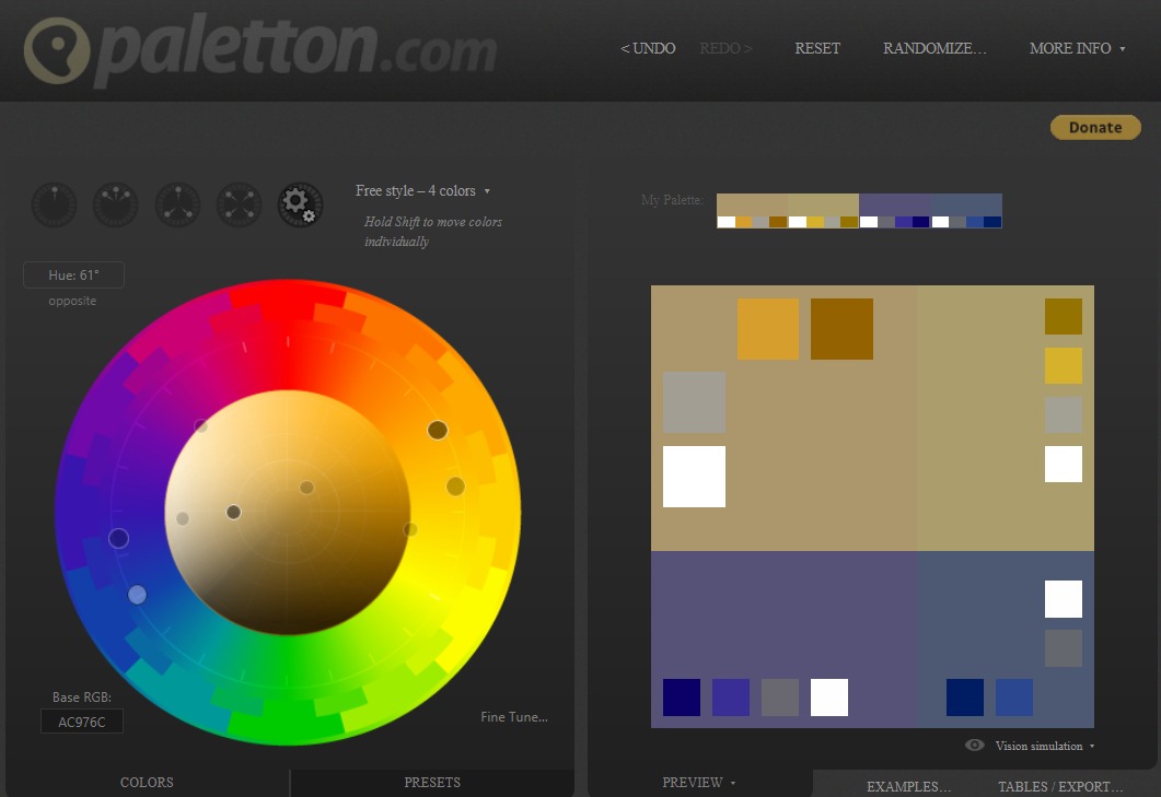 Selection of colors for the presentation, useful tools